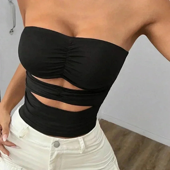 Black Casual Women's Summer Strapless Wavy Hollow Out Slim Fit Top - Picture 5 of 5